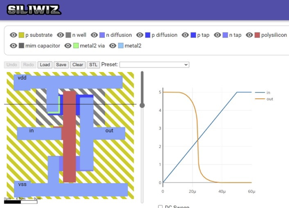 screenshot of Siliwiz circuit layout tool
