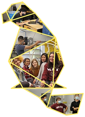 Collage of students working on projects and smiling together, arranged inside the geometric outline of the Beaver Works beaver logo.