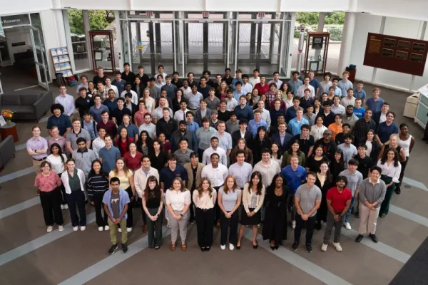 A group of interns pose in the Lincoln Lab lobby