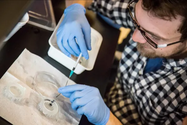 A student wearing latex gloves uses a syringe to insert a synthetic fluid into a 3D-printed disc for testing. 